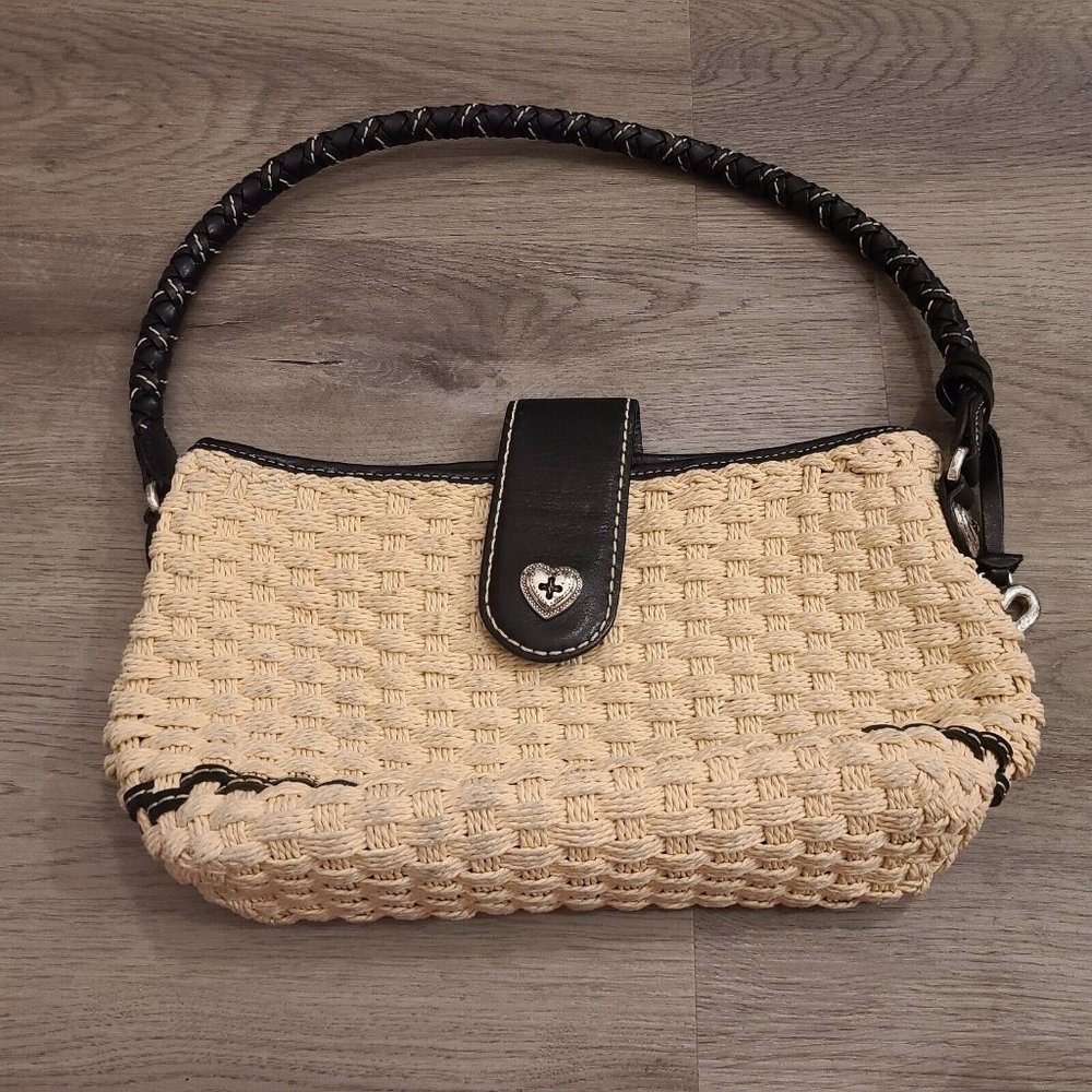 Brighton Woven Straw Leather Bag Purse Black / Tan